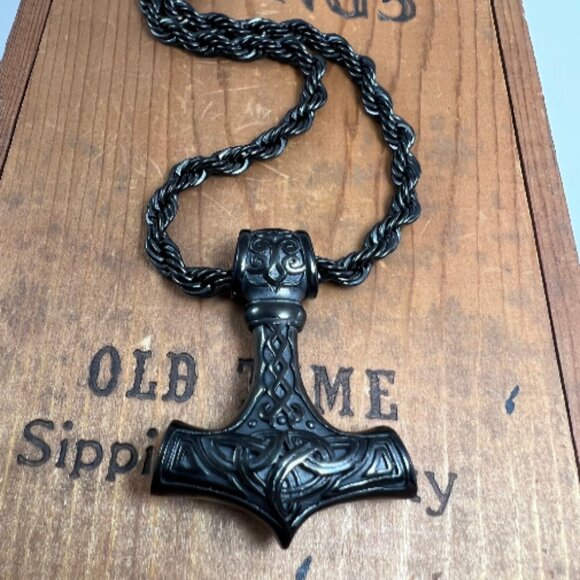 Thor Hammer Pendant and Rope Chain Necklace - Picture 1 of 6
